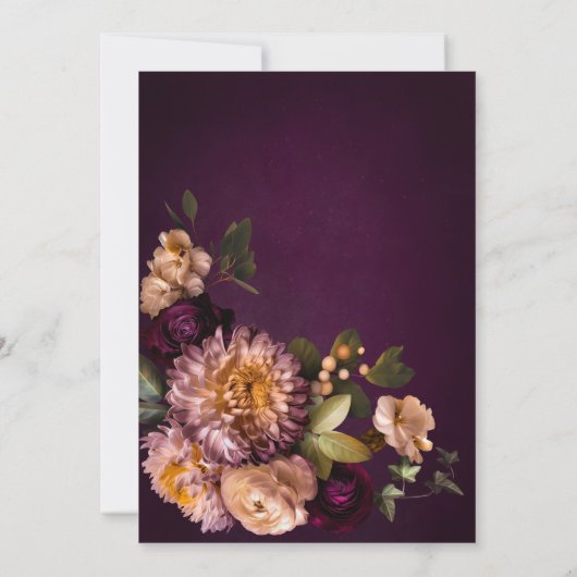 バーグンディエレガントムーディフローラスクリプトブライダルブランチ 招待状 (裏面)