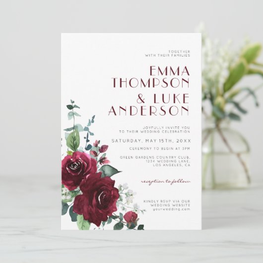 バーグンディエレガントレッドフローラマルサラマ結婚ルーン 招待状 (スタンド正面)