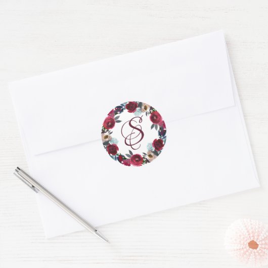 バーグンディエレガントレッドフローラモノグラム封筒用シール ラウンドシール (封筒)