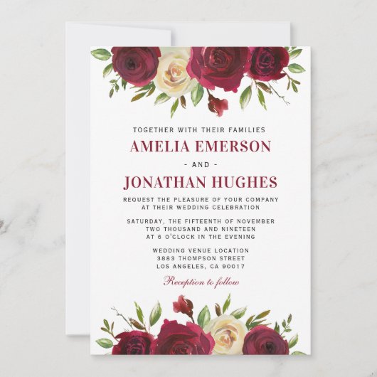 バーグンディエレガントレッドフローラ秋ウィンターウェディング 招待状 (正面)