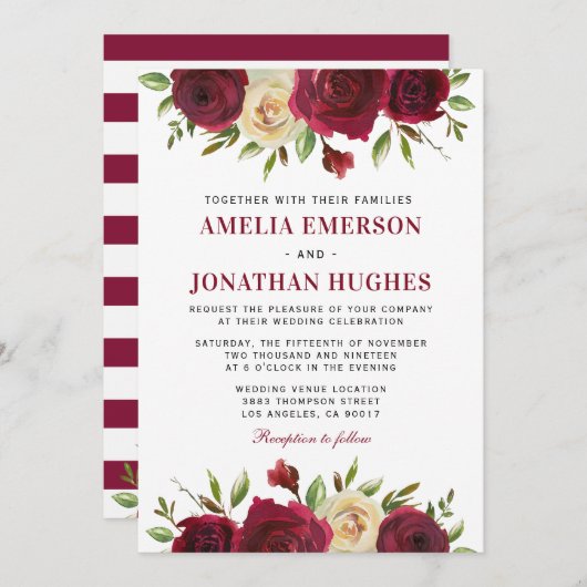バーグンディエレガントレッドフローラ秋ウィンターウェディング 招待状 (正面/裏面)