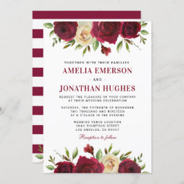 バーグンディエレガントレッドフローラ秋ウィンターウェディング 招待状