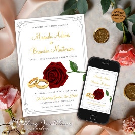 バーグンディエレガントレッドローズ&リングや輪ズ結婚ズ 招待状