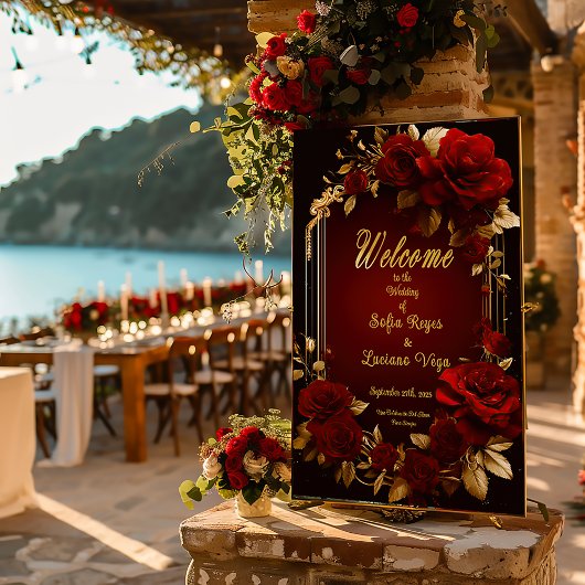 バーグンディエレガントレッドローズ&金ゴールドズ結婚ーズ ポスター