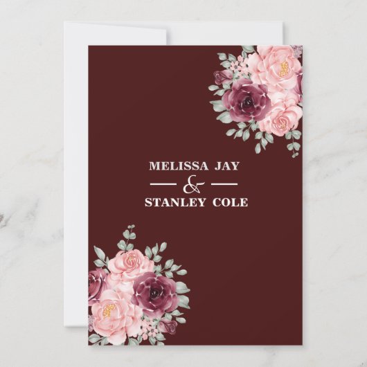 バーグンディエレガントレッド赤面ピンクフローラズ結婚 招待状 (裏面)