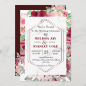 バーグンディエレガントレッド赤面ピンクフローラズ結婚 招待状 (正面/裏面)