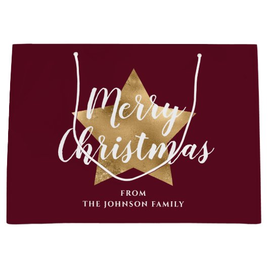 バーグンディエレガントレッド金ゴールドスタークリスマス ラージペーパーバッグ (正面)