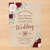バーグンディエレガントレッド&ピンクローゼズボホ結婚ズ アクリル招待状 (正面)