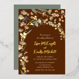 バーグンディエレガントワインセージ植物学結婚校 箔招待状