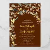 バーグンディエレガントワインセージ植物学結婚校 箔招待状 (正面)