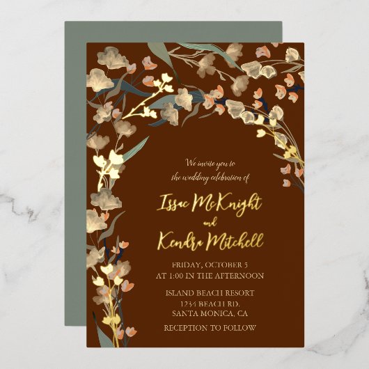 バーグンディエレガントワインセージ植物学結婚校 箔招待状 (正面/裏面)