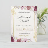 バーグンディエレガントーと金ゴールドフローラ結婚式招待状 招待状 (スタンド正面)