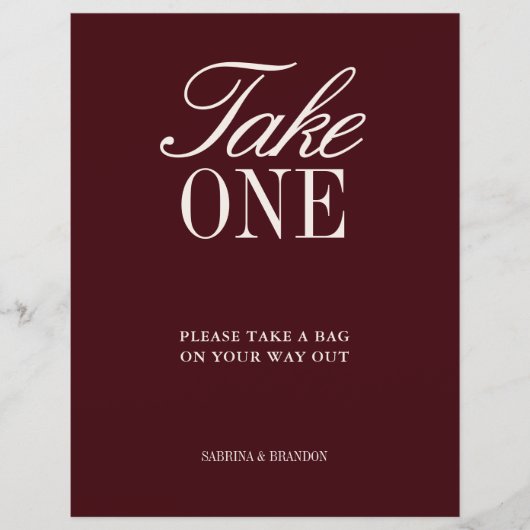 バーグンディエレガントー一つの結婚式の引き出物標識を取る (正面)