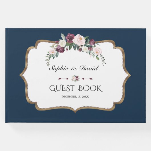 バーグンディエレガント赤面アイボリーフローラ金ゴールド結婚ズ ゲストブック (正面)