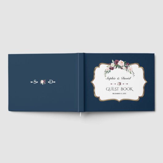 バーグンディエレガント赤面アイボリーフローラ金ゴールド結婚ズ ゲストブック (全面)