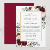 バーグンディエレガント赤面ピンクアイボリーフローラ結婚ズ 招待状 (正面/裏面)