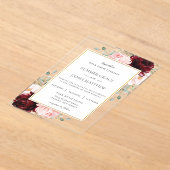 バーグンディエレガント赤面ピンクローズフローラズ結婚 アクリル招待状 (レイダウン)