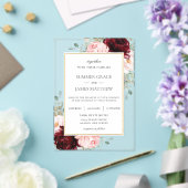 バーグンディエレガント赤面ピンクローズフローラズ結婚 アクリル招待状 (インサイチュ (ウェディング))