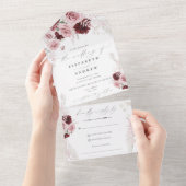 バーグンディエレガント赤面ピンクローズフローラズ結婚 オールインワン招待状 (貼ってはがせる)
