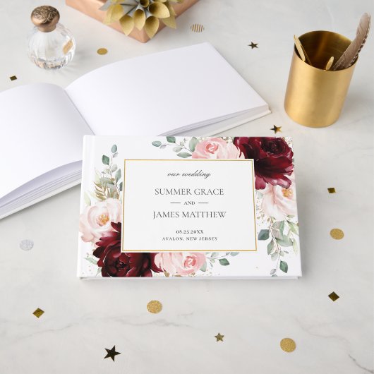 バーグンディエレガント赤面ピンクローズフローラズ結婚 ゲストブック (正面見開き)