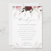 バーグンディエレガント赤面ピンクローズフローラズ結婚 サンキューカード (正面)