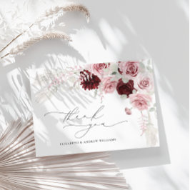 バーグンディエレガント赤面ピンクローズフローラズ結婚 サンキューカード