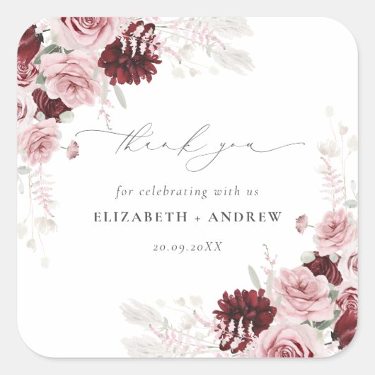 バーグンディエレガント赤面ピンクローズフローラズ結婚 スクエアシール (正面)