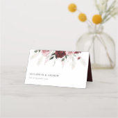 バーグンディエレガント赤面ピンクローズフローラズ結婚 プレイスカード (正面)