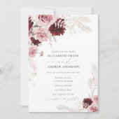 バーグンディエレガント赤面ピンクローズフローラズ結婚 招待状 (正面)