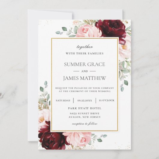 バーグンディエレガント赤面ピンクローズフローラズ結婚 招待状 (正面)