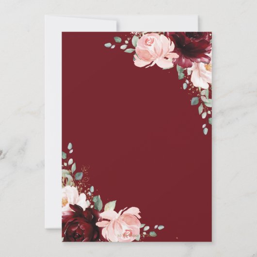 バーグンディエレガント赤面ピンクローズフローラズ結婚 招待状 (裏面)