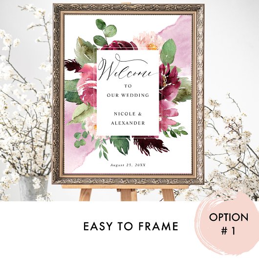 バーグンディエレガント赤面ピンク結婚のウェルカムサイン ポスター