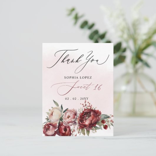 バーグンディエレガント赤面フローラスウィート16サンキュー ポストカード (スタンド正面)