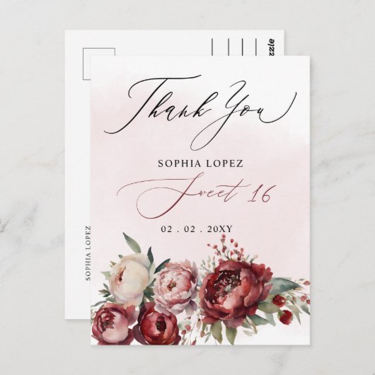 バーグンディエレガント赤面フローラスウィート16サンキュー ポストカード (正面/裏面)
