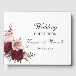 バーグンディエレガント赤面フローラ結婚ズゲストブック ゲストブック
