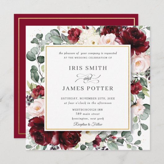 バーグンディエレガント赤面フローラ結婚金ゴールドズスクエア 招待状 (正面/裏面)