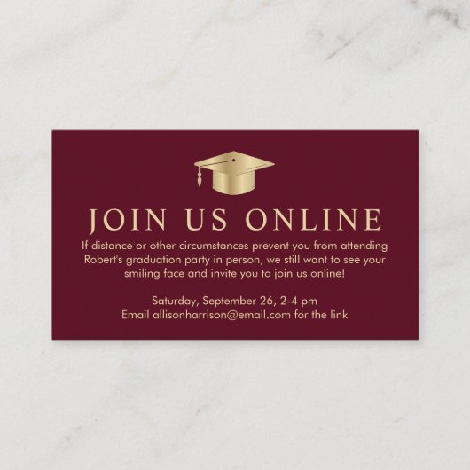 バーグンディエレガント金ゴールドオンライン卒業パーティー エンクロージャーカード (正面)