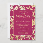 バーグンディエレガント金ゴールドパールフローラ誕生日パーティー 招待状 (正面)