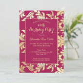 バーグンディエレガント金ゴールドパールフローラ誕生日パーティー 招待状 (スタンド正面)