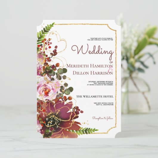 バーグンディエレガント金ゴールドピンクコーラルフローラ結婚ズ 招待状 (スタンド正面)