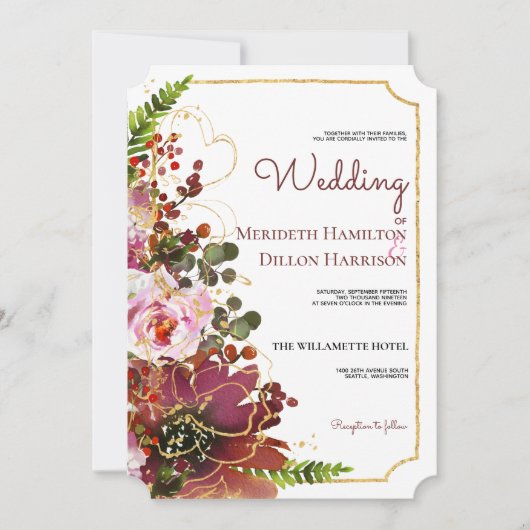 バーグンディエレガント金ゴールドピンクコーラルフローラ結婚ズ 招待状 (正面)