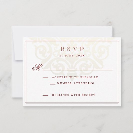 バーグンディエレガント金ゴールドマンダラインディアンウェディングRSVP 出欠カード (正面)