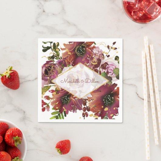 バーグンディエレガント金ゴールド赤面ピンクフローラズ結婚ズ スタンダードカクテルナプキン (インサイチュ)