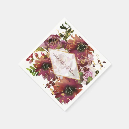 バーグンディエレガント金ゴールド赤面ピンクフローラズ結婚ズ スタンダードカクテルナプキン (角)