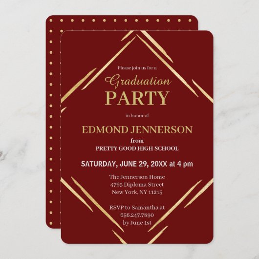 バーグンディエレガント金ゴールド高校卒業パーティー 招待状 (正面/裏面)