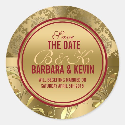 バーグンディエレガント&金ゴールドフローラダマスク3 ラウンドシール (正面)