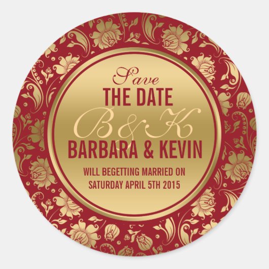 バーグンディエレガント&金ゴールドフローラダマスク ラウンドシール (正面)