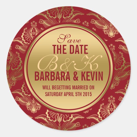 バーグンディエレガント&金ゴールドフローラレースダマスク ラウンドシール (正面)