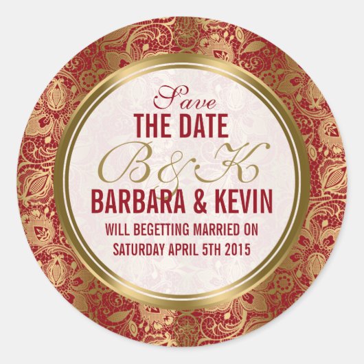 バーグンディエレガント&金ゴールドフローラレースダマスク ラウンドシール (正面)