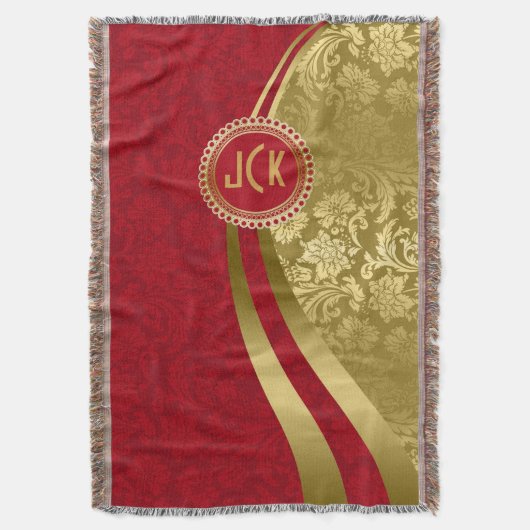 バーグンディエレガント&金ゴールドヴィンテージフローラダマスク2 スローブランケット (正面縦)